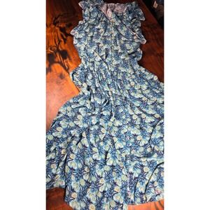 Sundance Blue Floral Block Print Button Front Tiered cottagecore boho festival